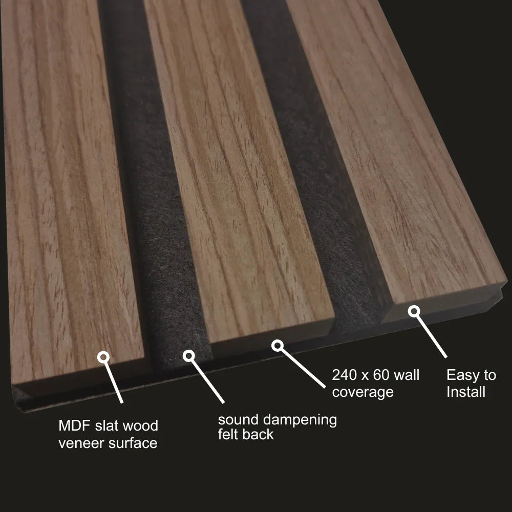 Acoustic Slatted Wall Panels 240 x 60cm - Walnut ( Dark Oak )
