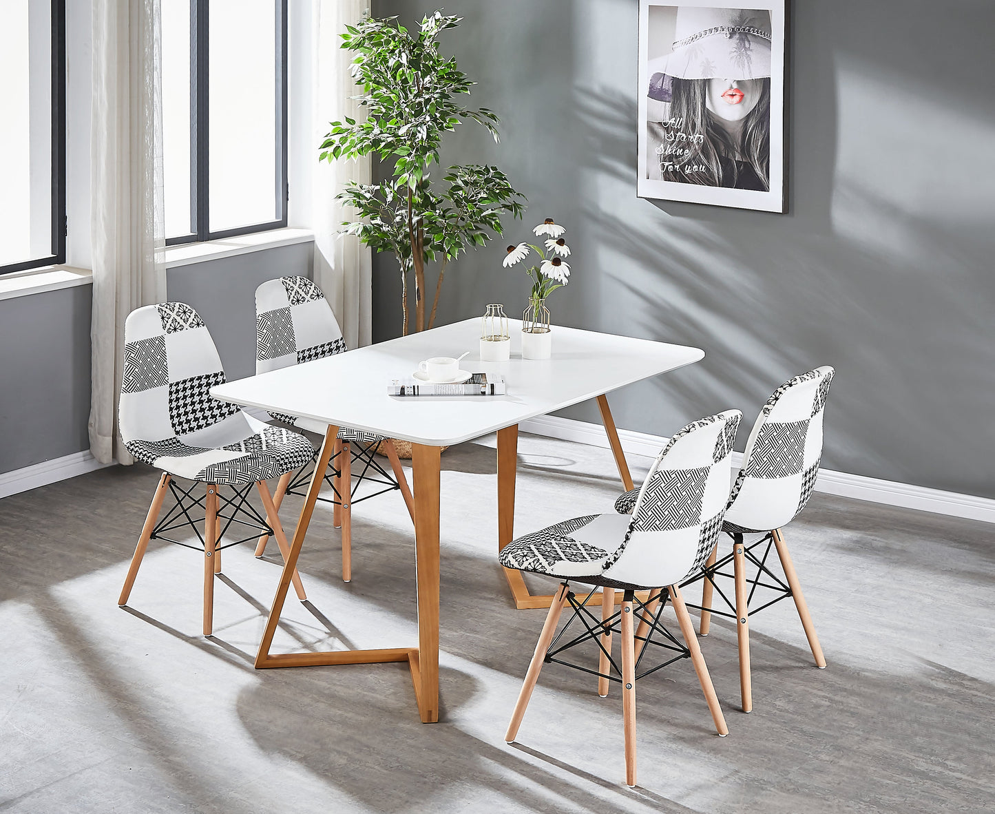 Black/White Patchwork Modern Dining Chair with Wooden Legs & Black Metal Wire Frame