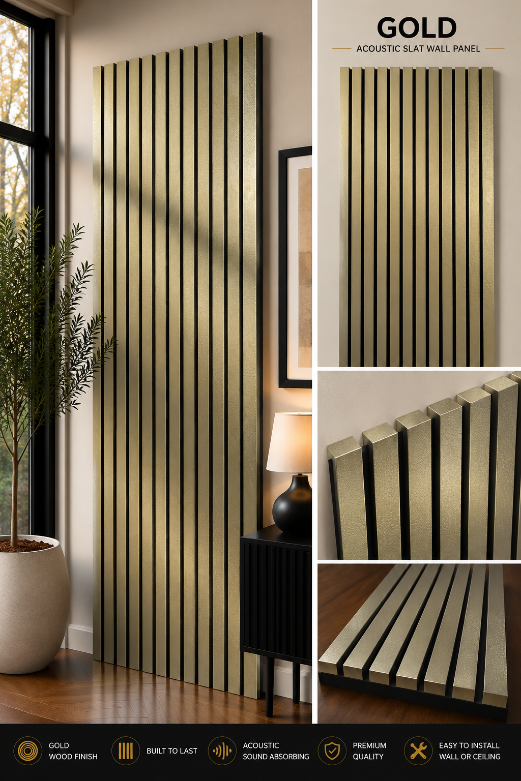 Gold Acoustic Slat Wall Panel – 240 x 60cm | Premium Gold Finish