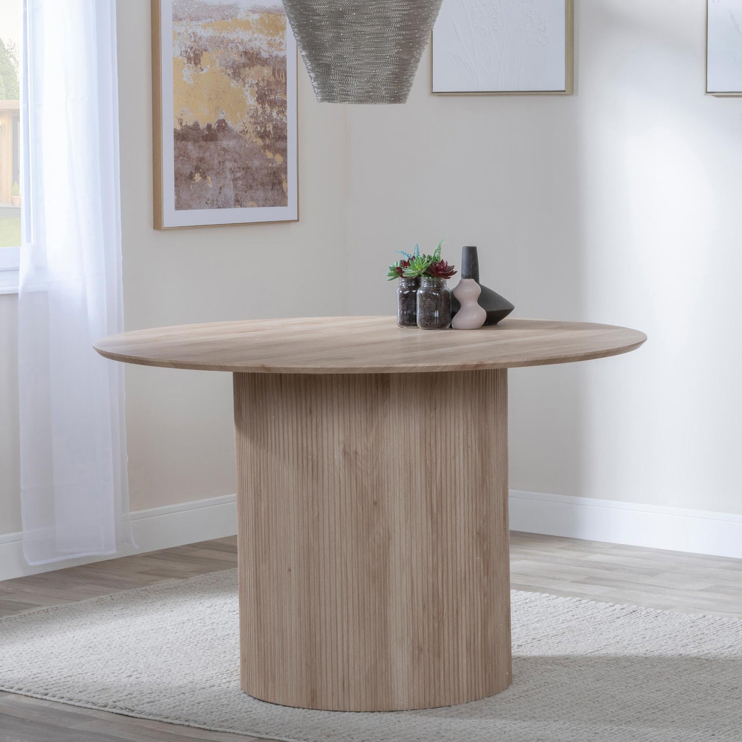 Renzo Oak Round Dining Table with Fluted Ribbed Drum Base - 120cm