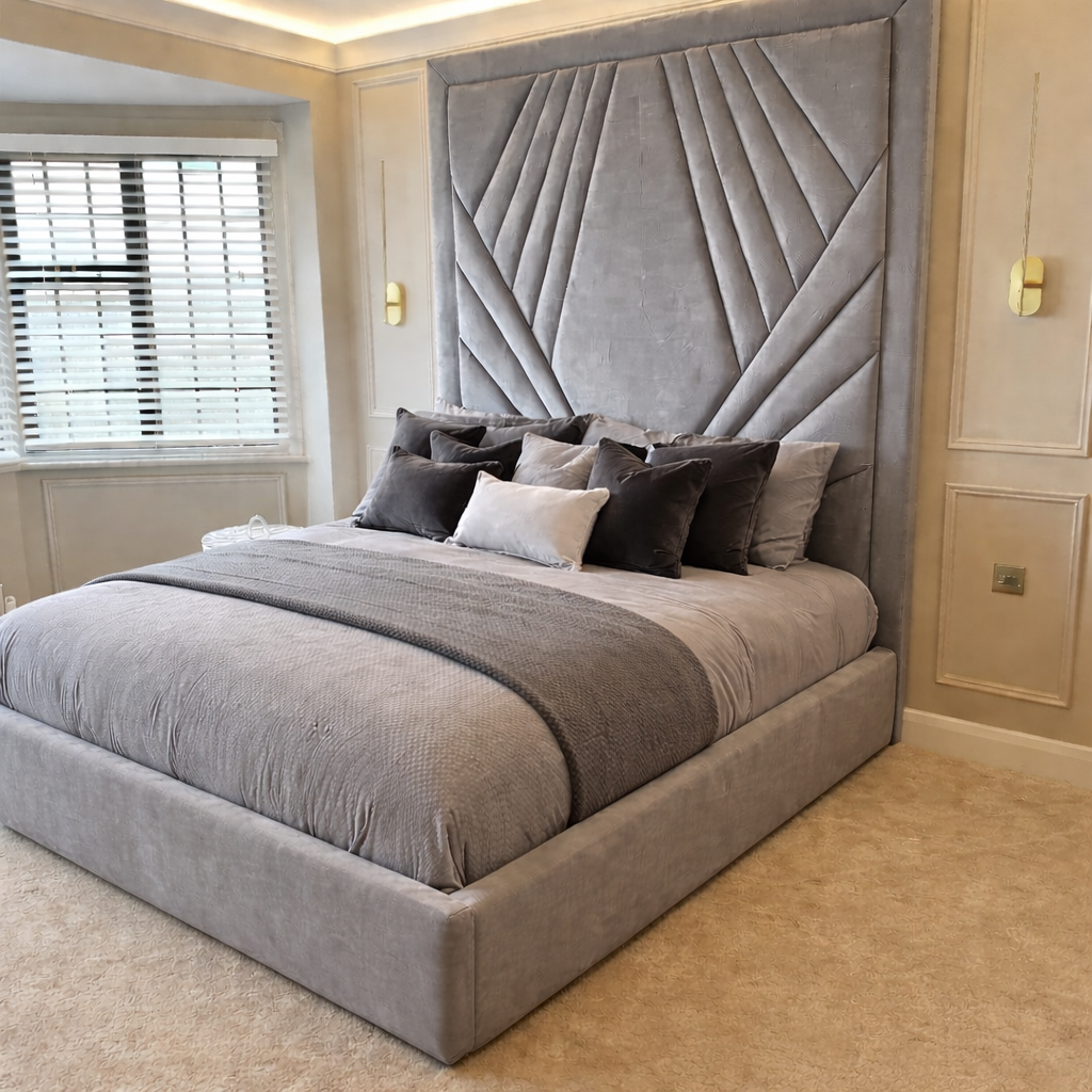 Side view of The Destiny Luxury Bed with plush upholstery and refined design.