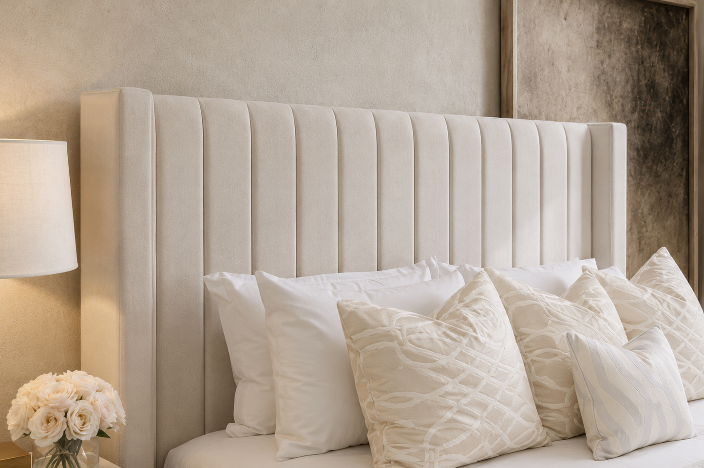 Modern luxury wingback ottoman bed in cream fabric