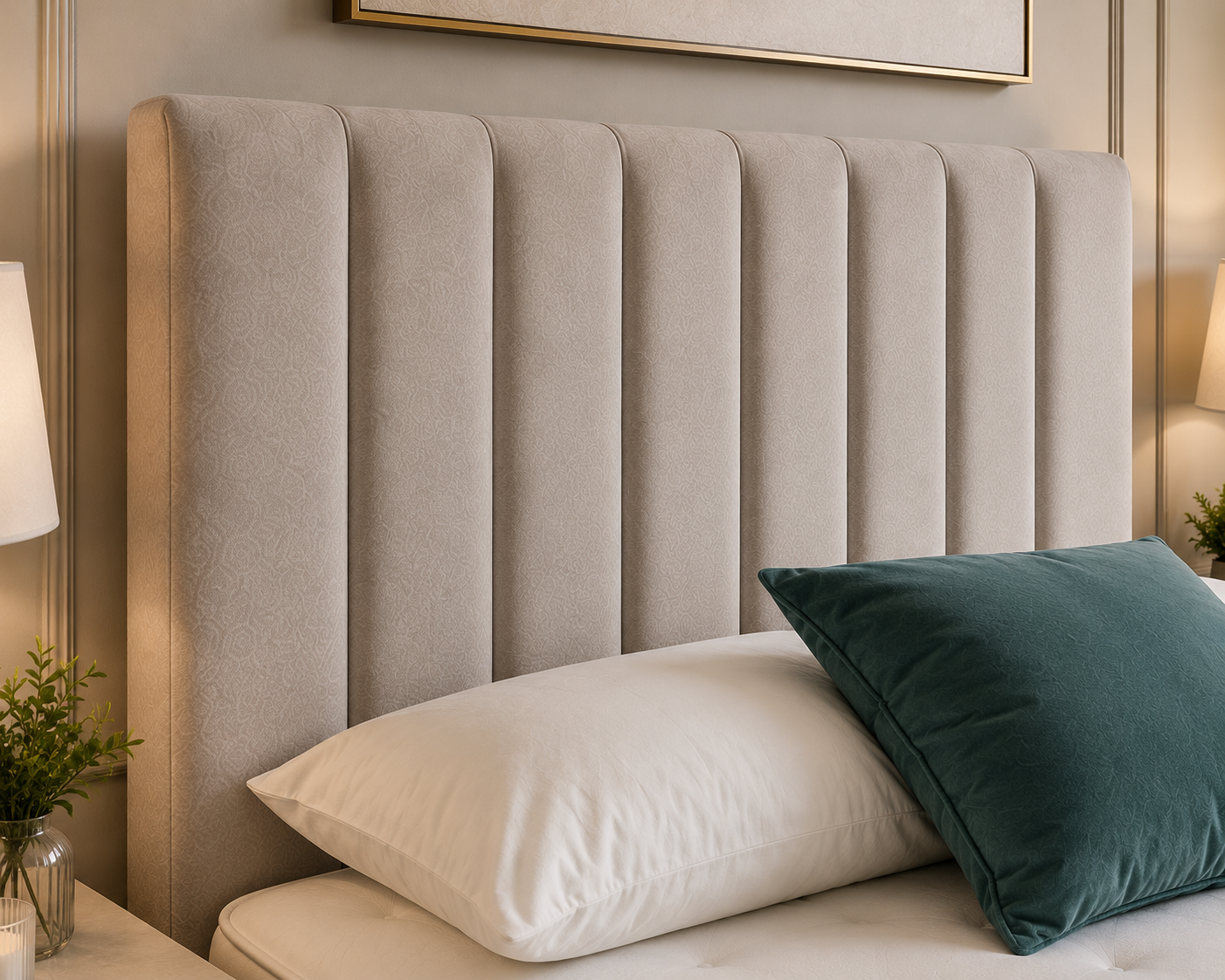 Designer bed with framed panel headboard