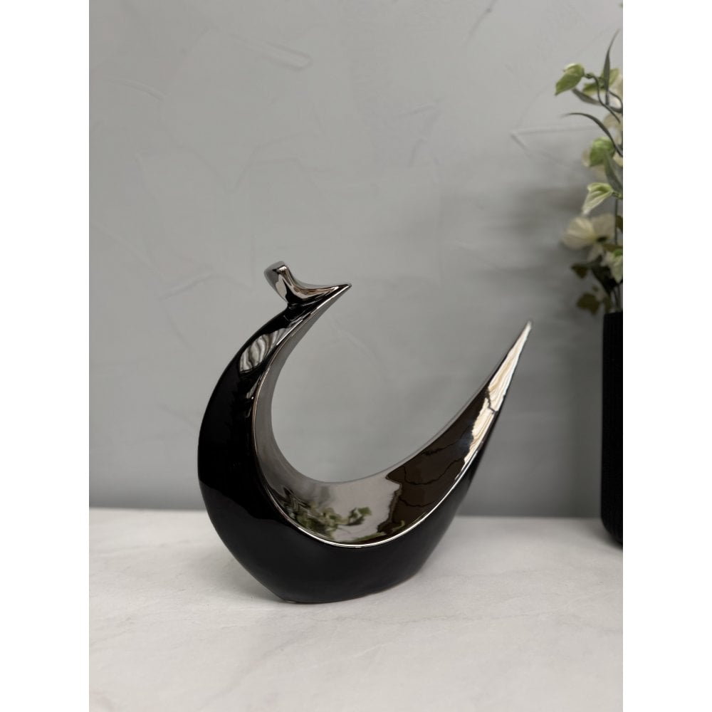 Hand Casted Ceramic Abstract Bird Sculpture - Black & Silver Glossy Finish