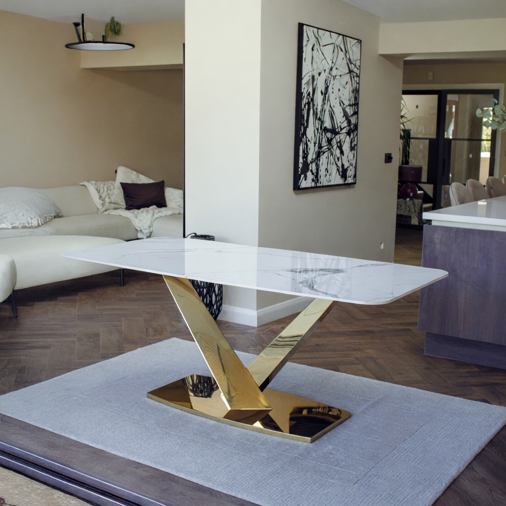 Valeo Gold 1.8 Dining Table with Polar White Sintered Stone Top - Monarch Beds and Mattresses