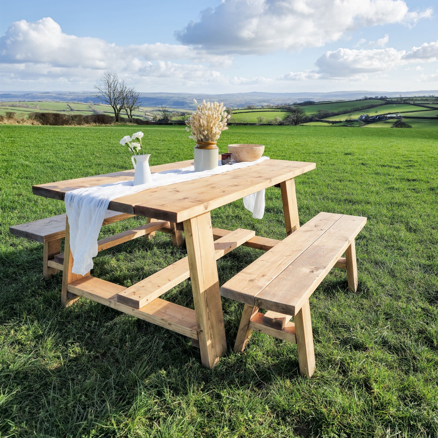 Farmhouse Outdoor Table With Timber Legs and Bench