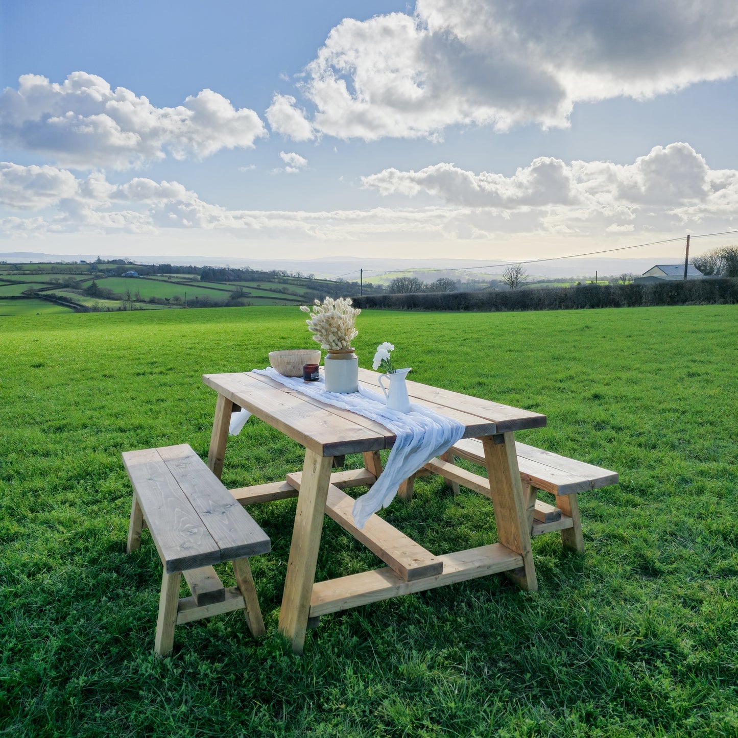 Farmhouse Outdoor Table With Timber Legs and Bench