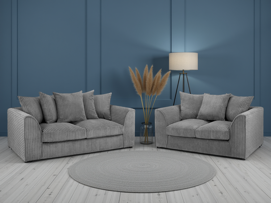Harley Jumbo Cord Grey 3+2 Sofa Set: Removable Cushions, Wood Frame