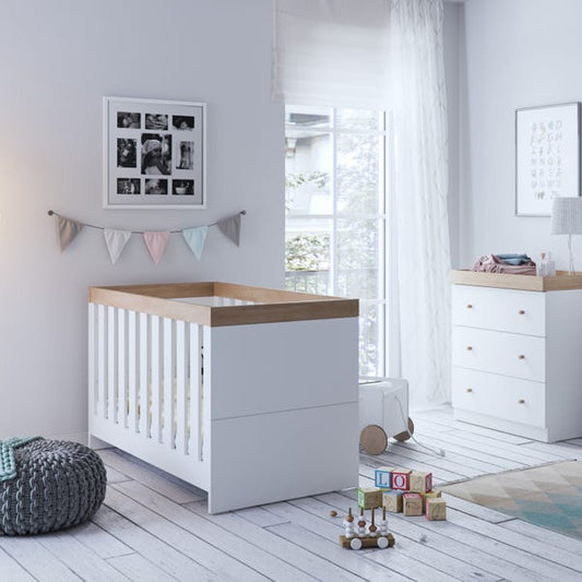 Little Acorns Burlington 2 Piece Nursery Furniture Set with Cot Bed and Dresser - White & Oak