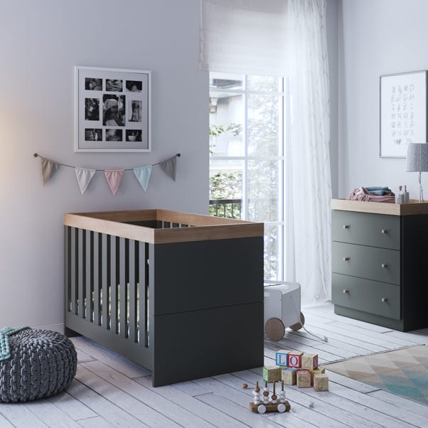 Little Acorns Burlington 2 Piece Nursery Furniture Set with Cot Bed and Dresser - Anthracite Grey & Oak