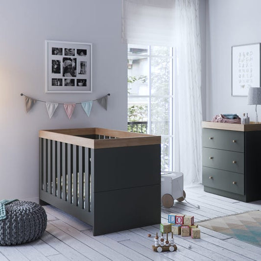 Little Acorns Burlington 2 Piece Nursery Furniture Set with Cot Bed and Dresser - Anthracite Grey & Oak