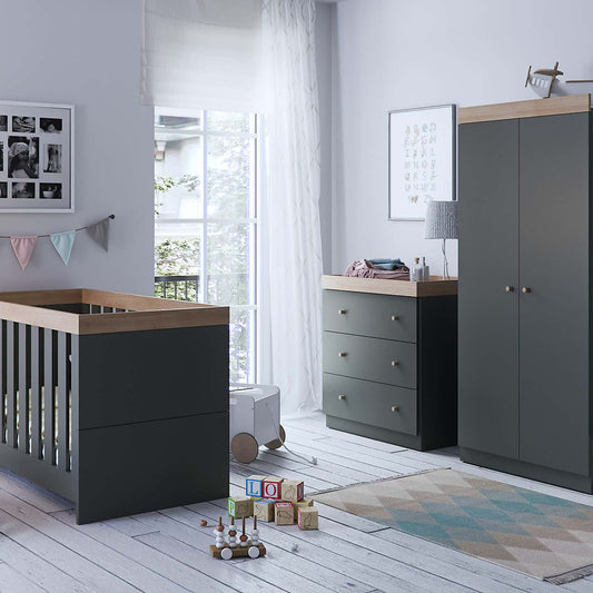 Little Acorns Burlington 3 Piece Nursery Furniture Set with Cot Bed, Dresser and Wardrobe - Anthracite Grey & Oak