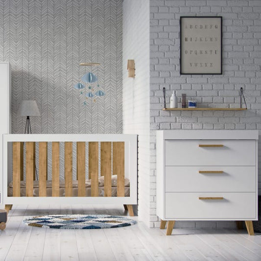 Little Acorns Siriana 2 Piece Nursery Furniture Set with Cot Bed and Dresser - White & Oak