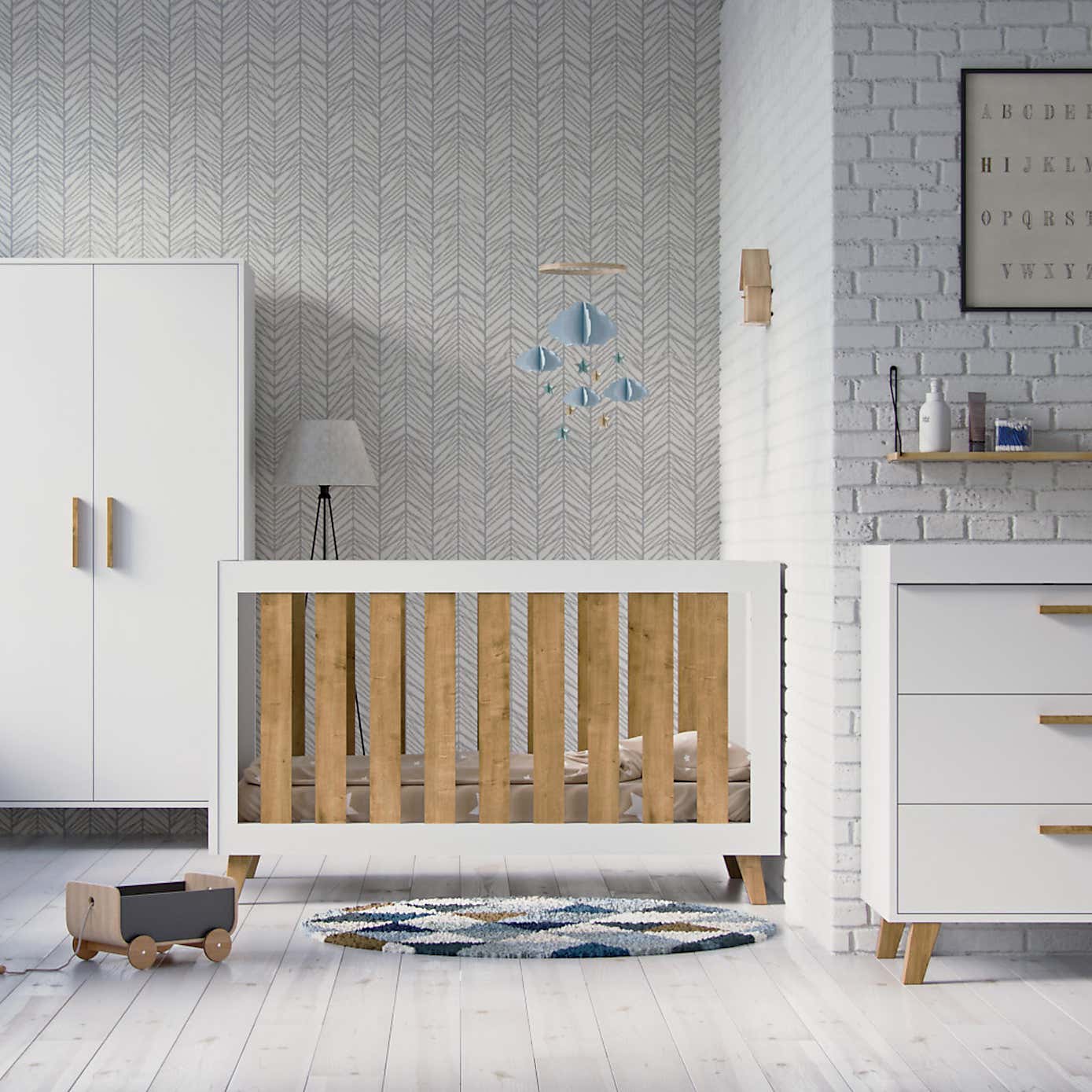 Little Acorns Siriana 3 Piece Nursery Furniture Set with Cot Bed, Dresser and Wardrobe - White & Oak