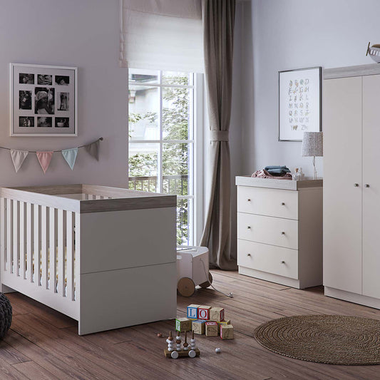 Little Acorns Burlington 3 Piece Nursery Furniture Set with Cot Bed, Dresser and Wardrobe - Cashmere & Grey Ash