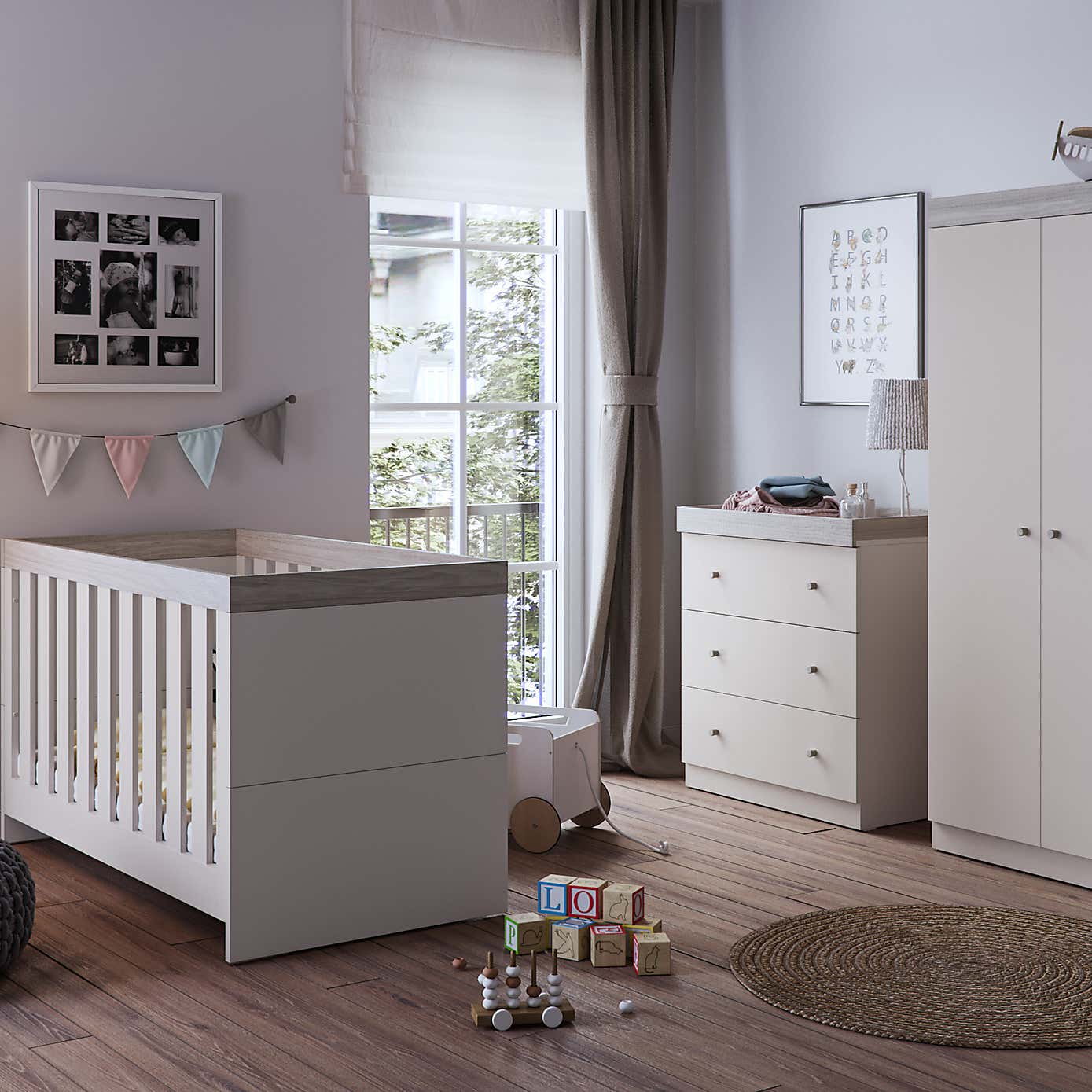 Little Acorns Burlington 2 Piece Nursery Furniture Set with Cot Bed and Dresser - Cashmere & Grey Ash