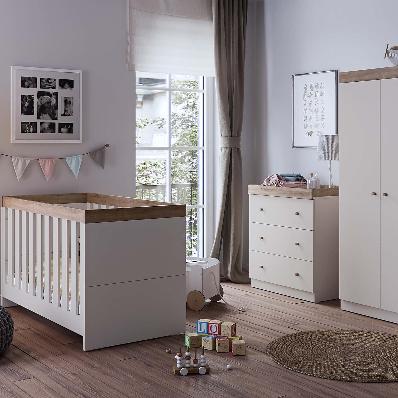 Little Acorns Burlington 3 Piece Nursery Furniture Set with Cot Bed, Dresser and Wardrobe - Cashmere & Truffle Oak