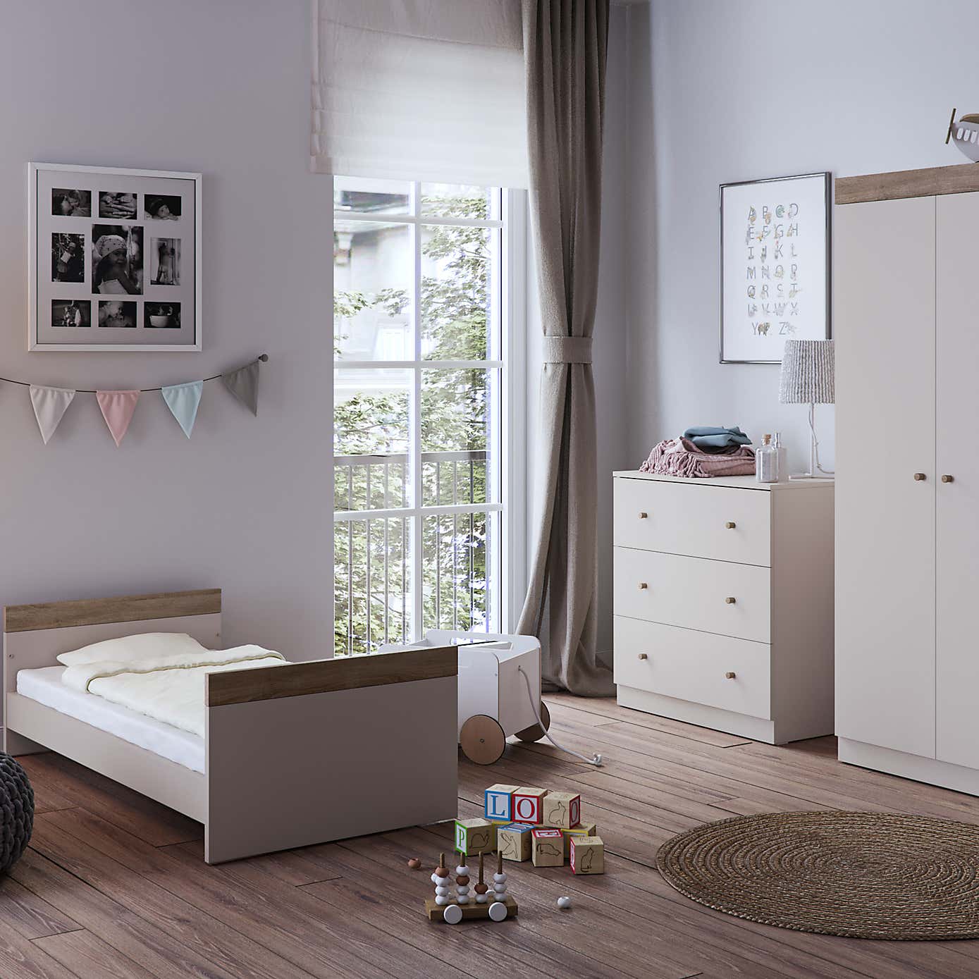 Little Acorns Burlington 3 Piece Nursery Furniture Set with Cot Bed, Dresser and Wardrobe - Cashmere & Truffle Oak