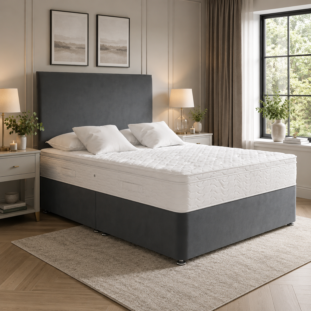 Essential Divan Bed in grey upholstered fabric with modern padded headboard.