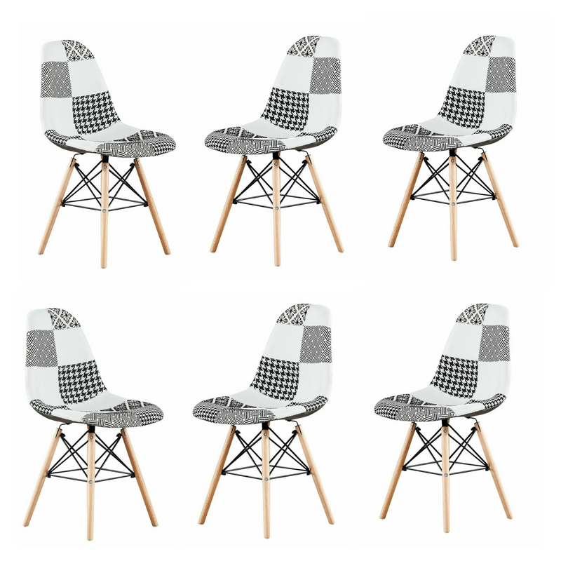 Black/White Patchwork Modern Dining Chair with Wooden Legs & Black Metal Wire Frame