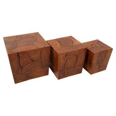Surak Set of 3 Solid Teak Wood Side Tables and Stools