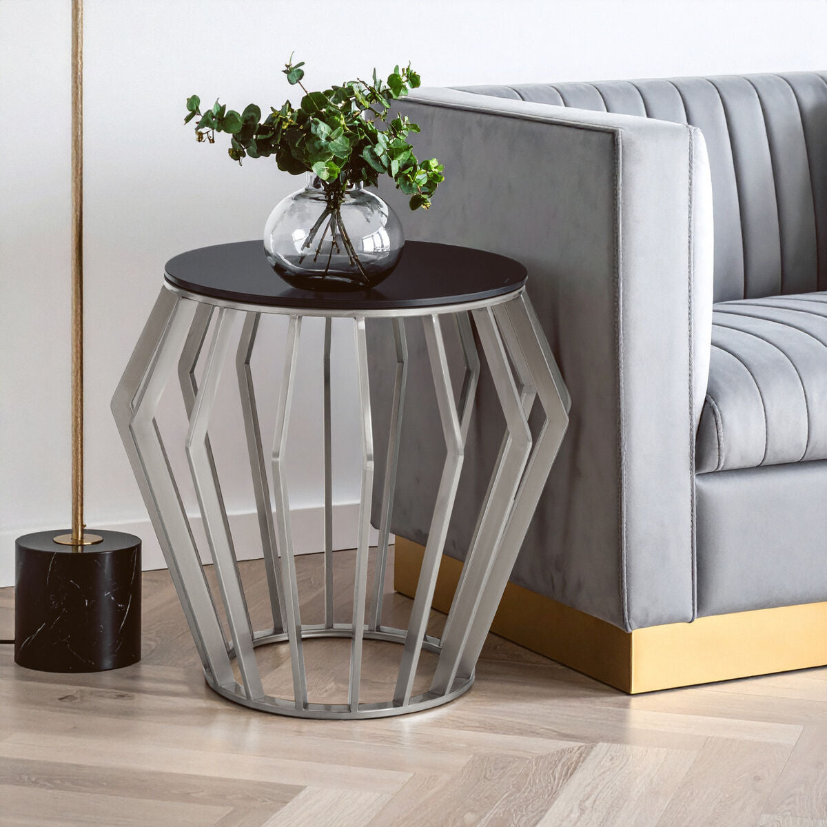 Ackley Silver Round Side Table with Black Glass – Monarch Beds and ...