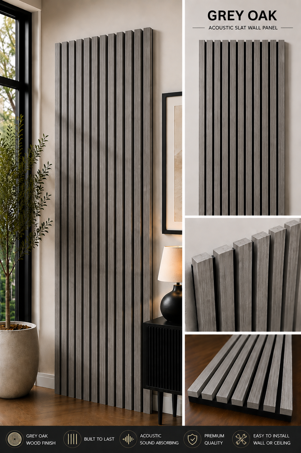 Grey Oak Acoustic Slat Wall Panel 240 x 60cm Premium Acoustic Wood Wall Panel