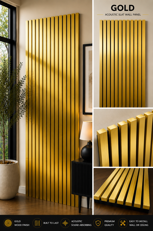 Gold Acoustic Slat Wall Panel 240 x 60cm with Premium Metallic Gold Strips