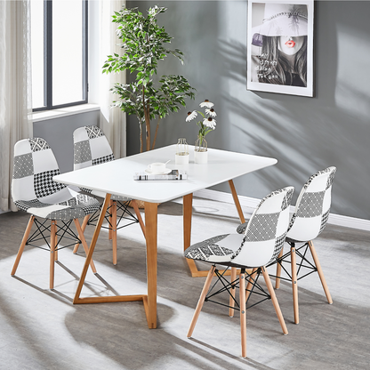 Black/White Patchwork Modern Dining Chair with Wooden Legs & Black Metal Wire Frame