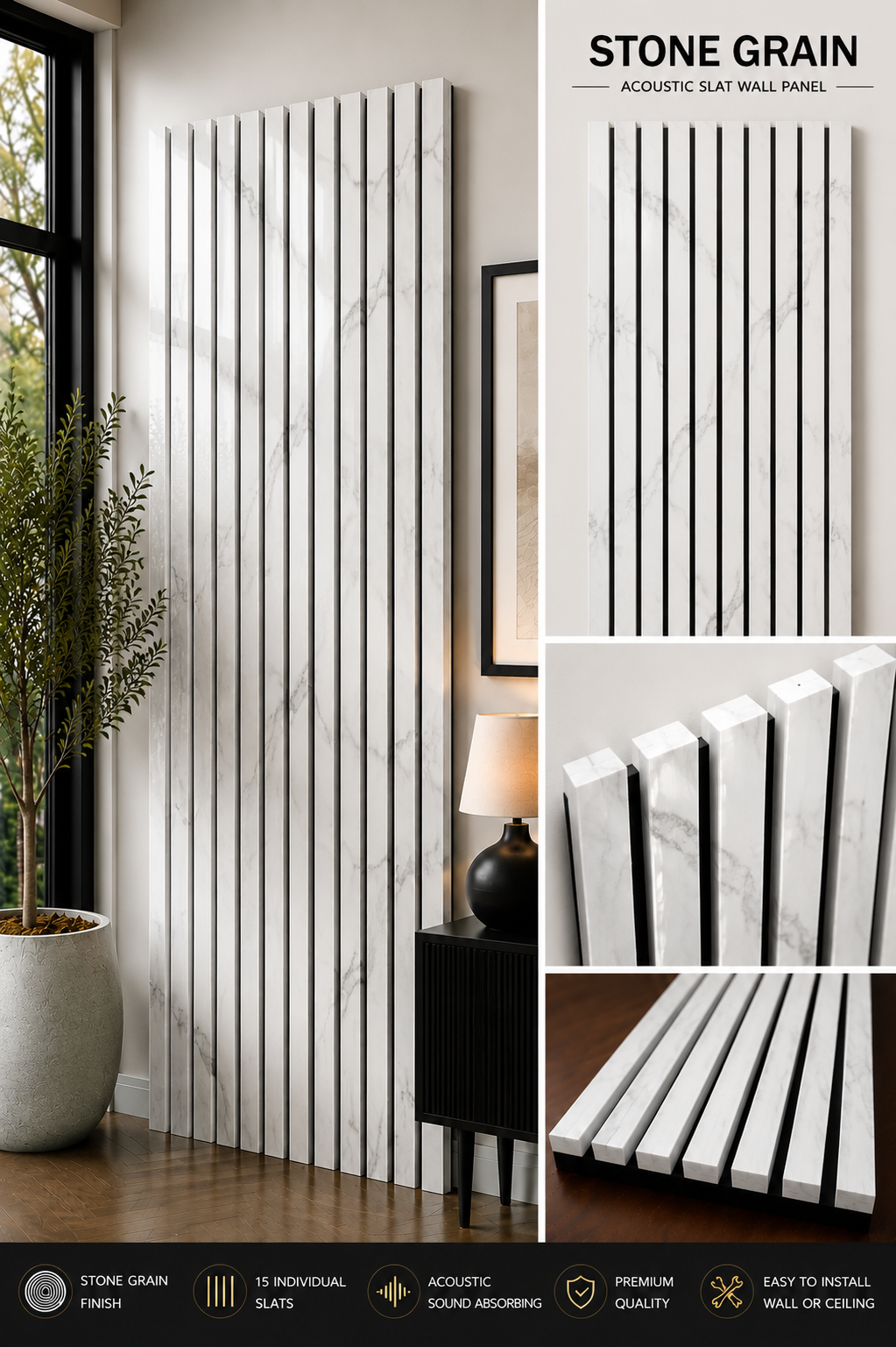 Stone Grain Acoustic Slat Wall Panel 240 x 60cm Premium Marble Effect Acoustic Wall Panel