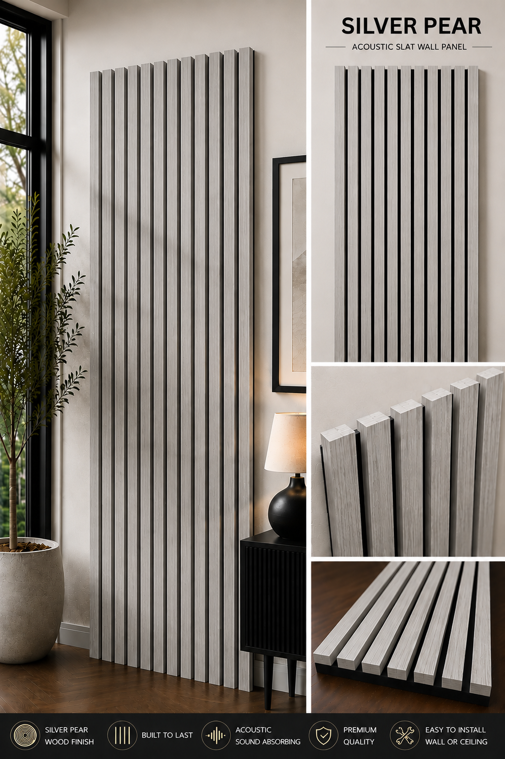 Silver Pear Acoustic Slat Wall Panel 240 x 60cm Premium Acoustic Wood Wall Panel