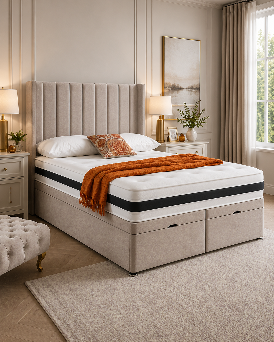 Victoria divan bed with deep buttoned upholstered headboard