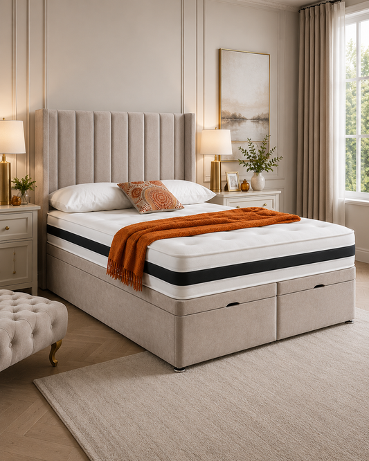 Victoria divan bed with deep buttoned upholstered headboard