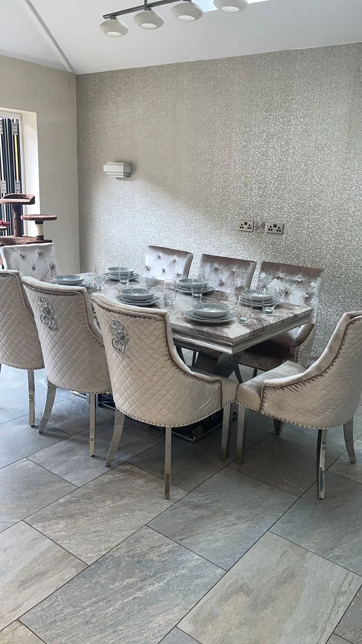 Arial Marble & Chrome Dining Table + Lion Knocker Velvet Chairs