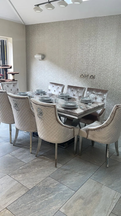 Arial Marble & Chrome Dining Table + Lion Knocker Velvet Chairs