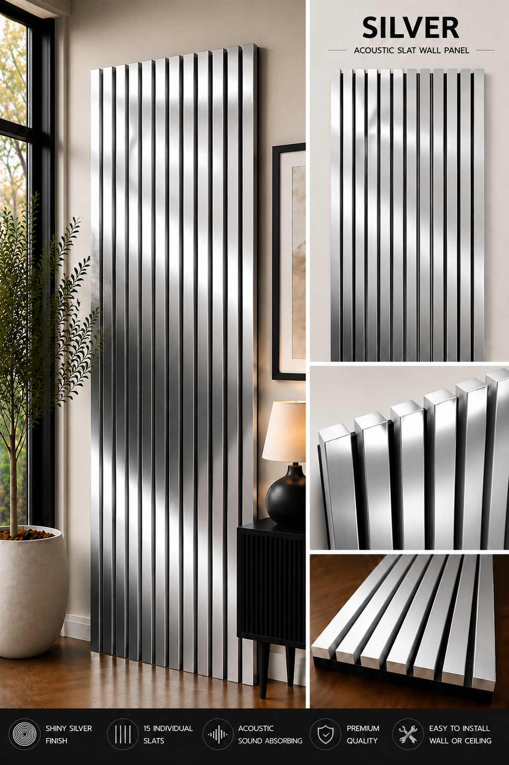 Silver Acoustic Slat Wall Panel – 240 x 60cm | Premium Metallic Silver Finish