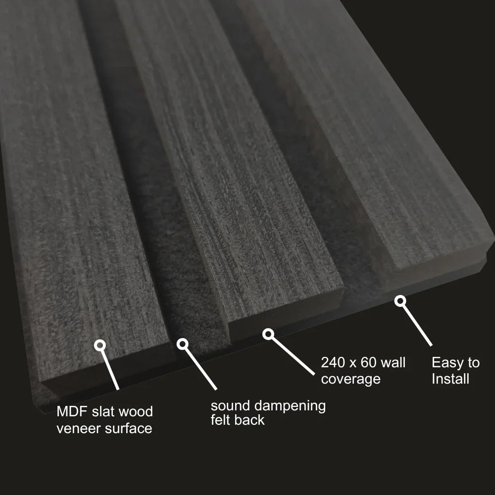 Acoustic Slatted Wall Panels 240 x 60cm - Charcoal Black