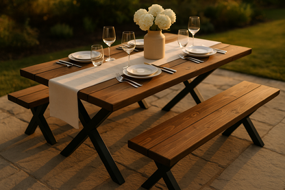 Outdoor Farmhouse Dining Table With Bench and Black Metal Cross Legs