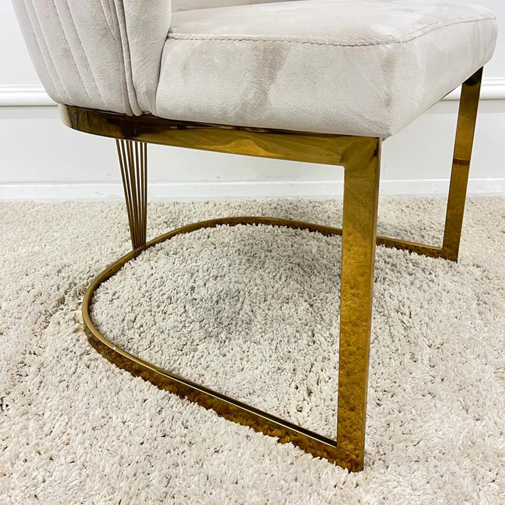 Close up of Chelmsford plush velvet dining chair and gold frame