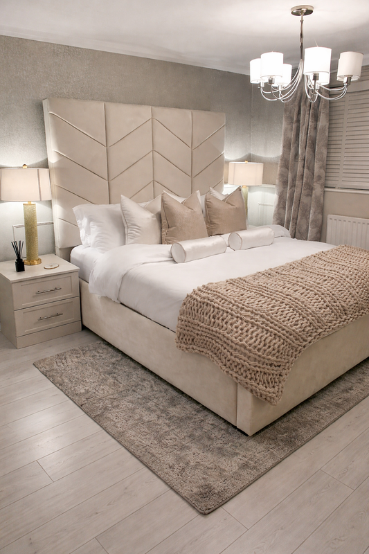 Opulent ottoman storage bed in bedroom setting with hydraulic lift mechanism feature
