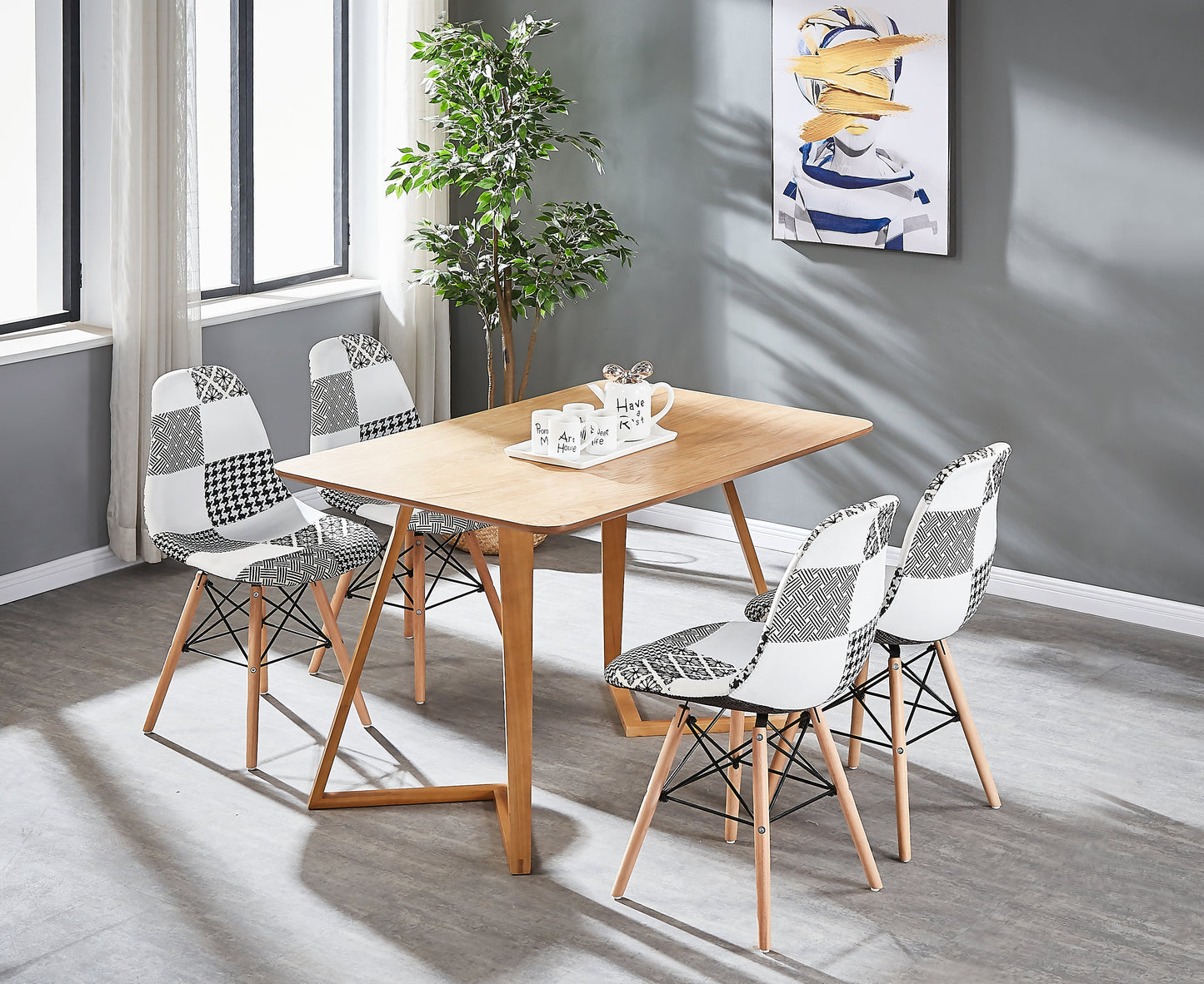 Black/White Patchwork Modern Dining Chair with Wooden Legs & Black Metal Wire Frame