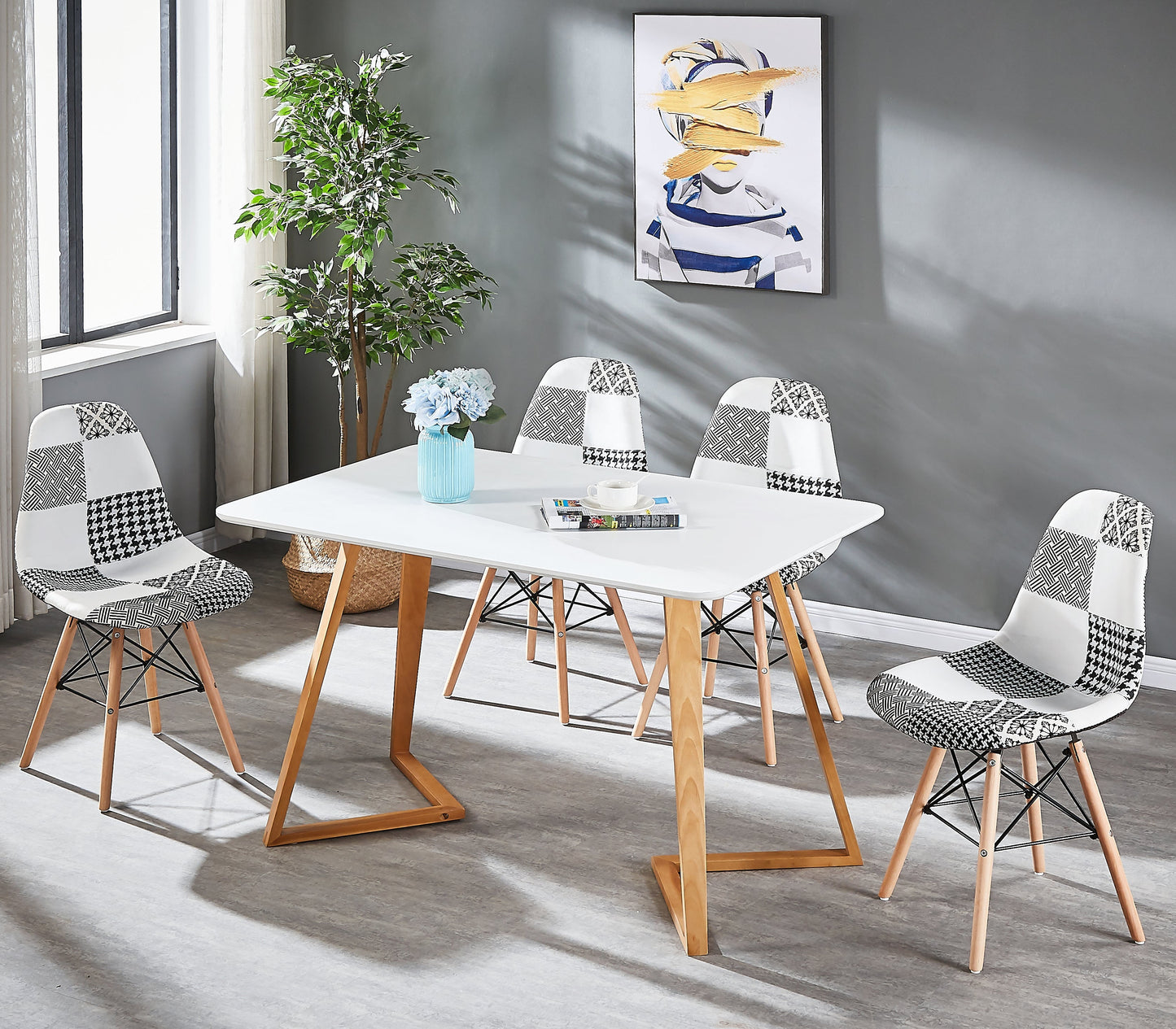 Black/White Patchwork Modern Dining Chair with Wooden Legs & Black Metal Wire Frame