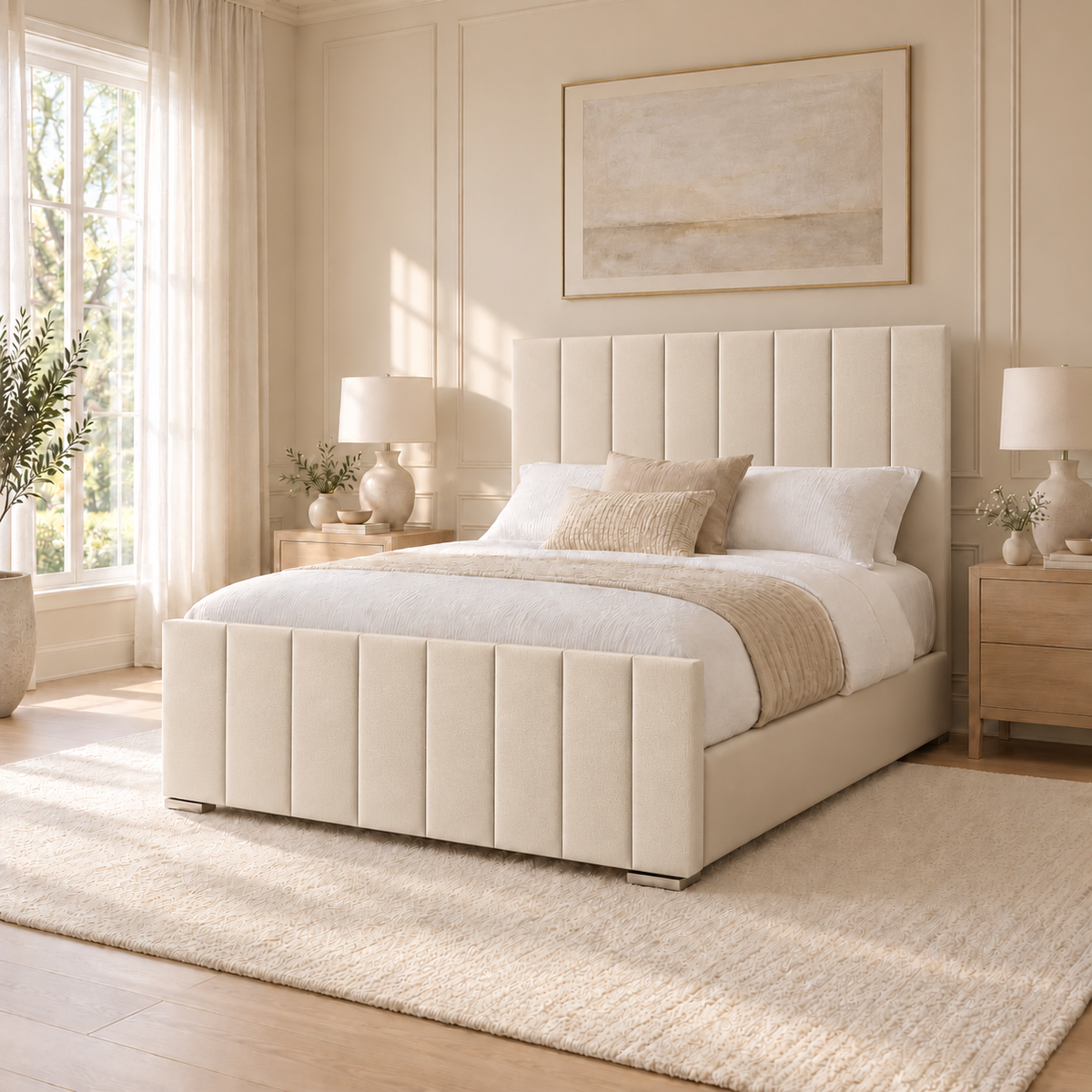 Ellis cream upholstered bed with a slim headboard and matching footboard in a modern bedroom