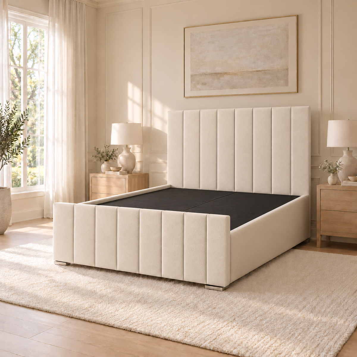 Ellis cream bed frame with black support boards and a fixed non-storage base