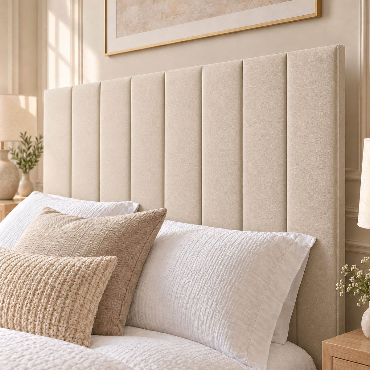 Close-up of the Ellis bed’s slim cream upholstered headboard