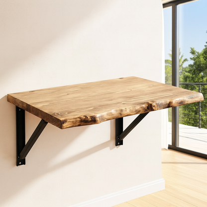 Live / Waney Edge Foldable Wall-Mounted Solid Wood Table – Rustic Wood with Heavy-Duty Black Brackets – Space-Saving Desk for Kitchen, Office, or Small Spaces