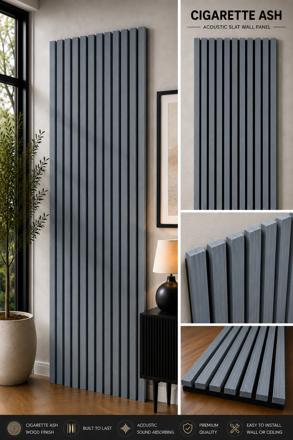 Cigarette Ash Acoustic Slat Wall Panel – 240 x 60cm | Premium Wood Finish