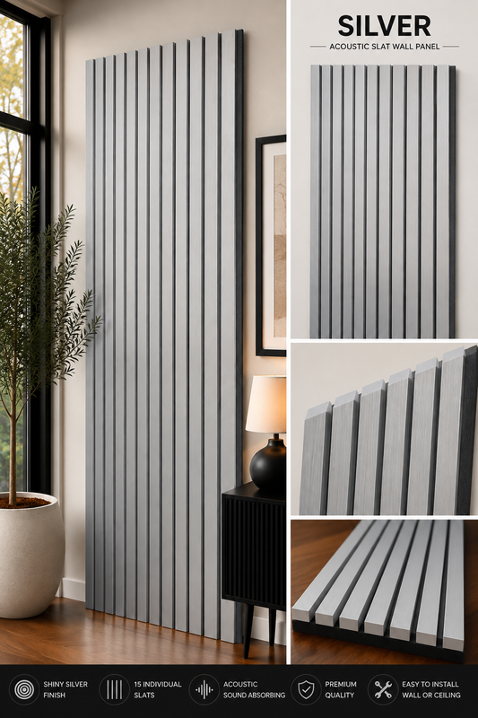Silver Acoustic Slat Wall Panel – 240 x 60cm | Premium Silver Finish