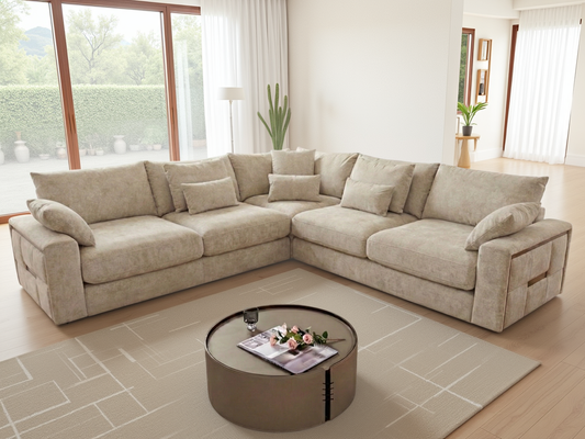 Jupiter Beige Large Corner Sofa: Fabric, Deep Seating, Plush Scatter Cushions