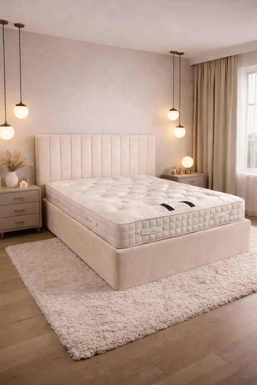 The London ottoman storage bed open with hydraulic lift showing hidden storage.